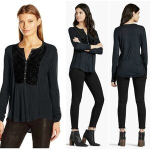 Lucky Brand Shirt Womens Black Velvet Bib Burnout Henley Long Sleeve size Small